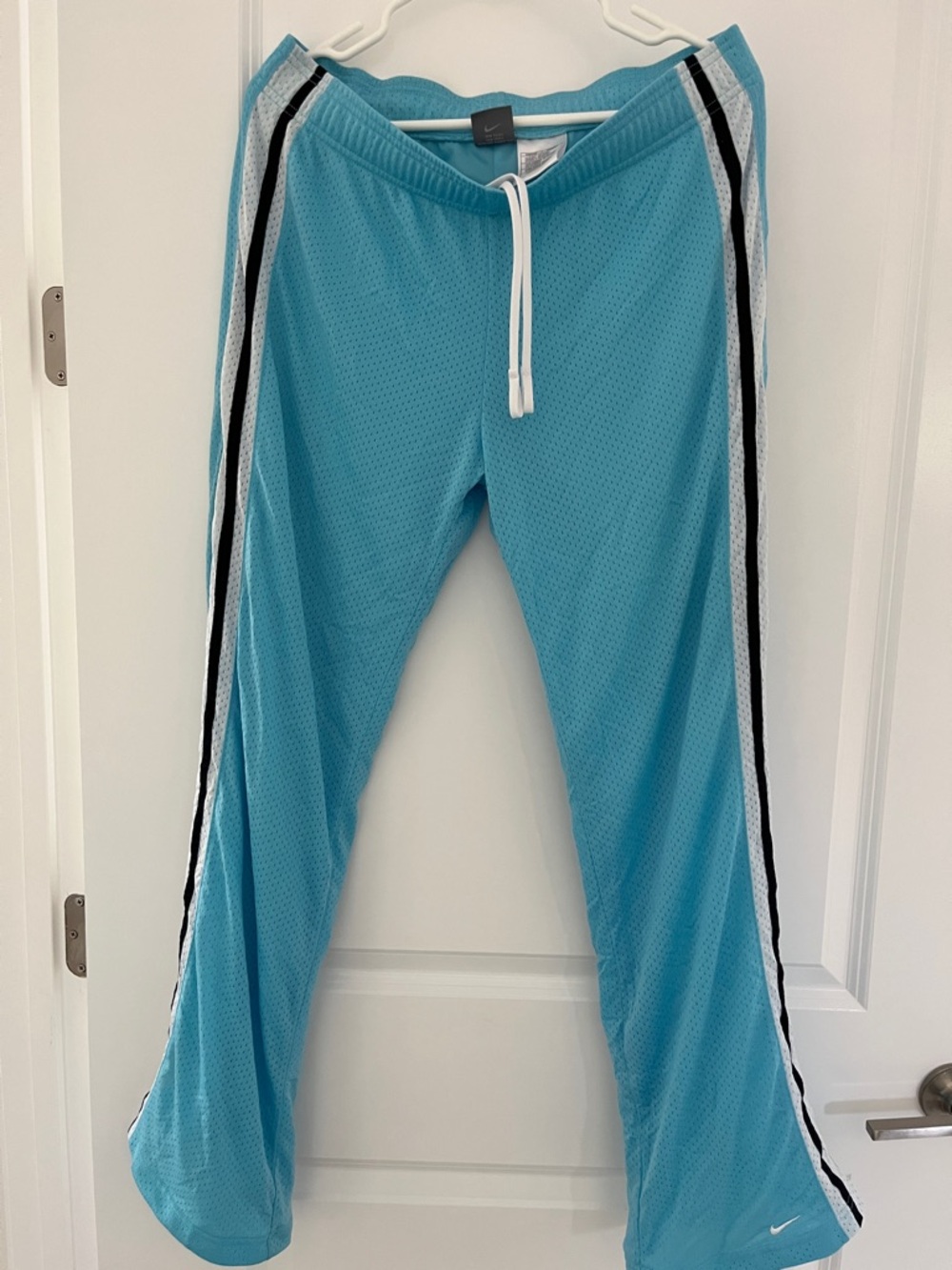 Nike Turquoise Mesh Athletic Track Pants with Black & White Side Stripes